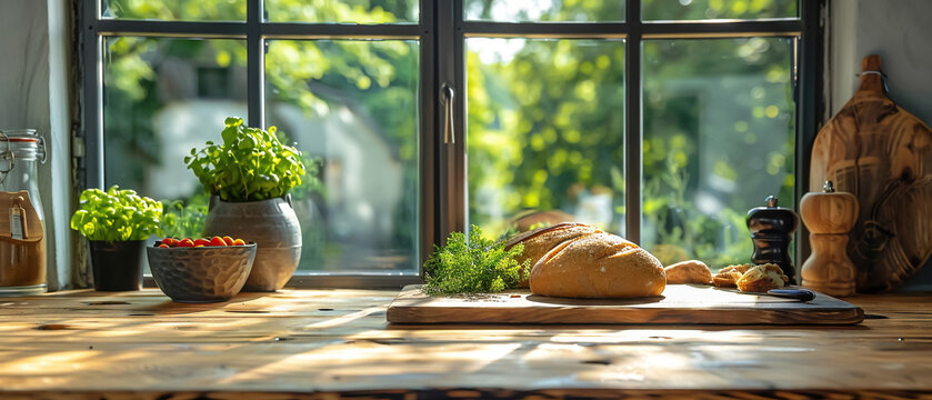 Product photography setup: wooden tabletop, kitchen window background, enhances culinary product appeal, creates inviting setting for showcasing food and kitchen items