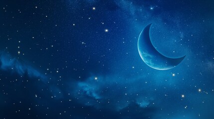 Naklejka na ściany i meble Abstract digital Ramadan moon on night starry sky background, Ramadan moon background, Islamic background, Islamic moon in the sky background, moon in the sky background 