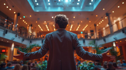 Obraz premium Speaker presenting at a conference with audience in background, focus on person from behind.