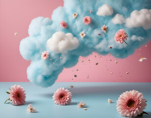 This depicts a whimsical scene with fluffy white and blue clouds and flowers that appear to be bursting from the cloud formation against a pink and light blue background. Minimal concept of love. - obrazy, fototapety, plakaty