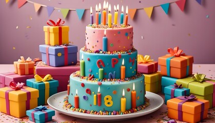 A playful cartoon-themed birthday cake featuring character-shaped candles, surrounded by stacks of brightly colored presents and confetti.