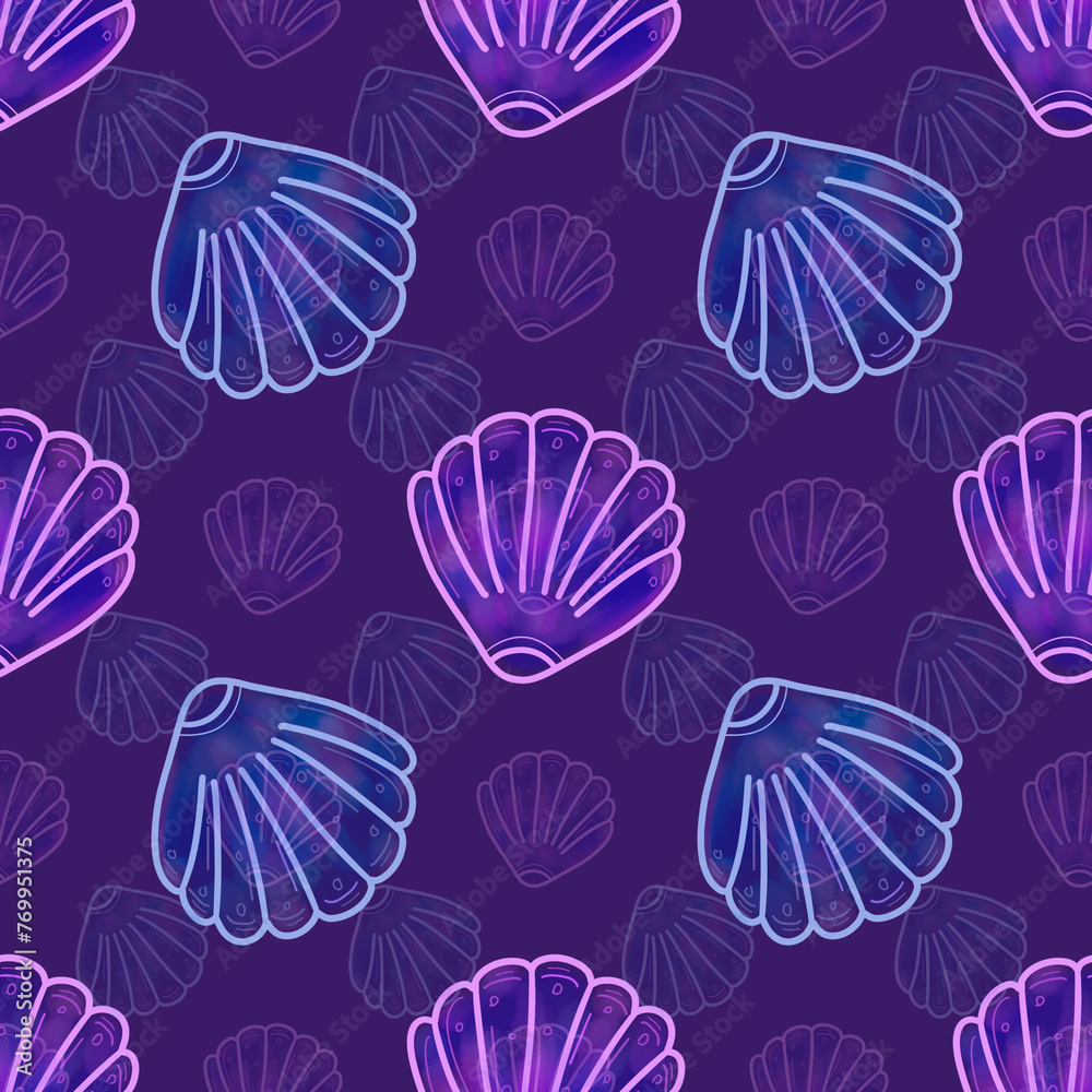 Wall mural neon seamless pattern with shells, neon pattern, neon seashells