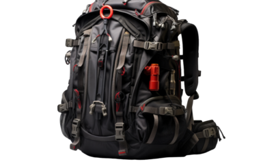 A stylish black backpack with bold red accents and straps, ready for adventure