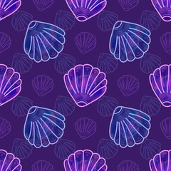 Neon seamless pattern with shells, neon pattern, neon seashells 