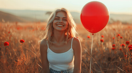 Joyful young woman with a red balloon standing in a sunny poppy field at sunset.