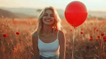 Poster Joyful young woman with a red balloon standing in a sunny poppy field at sunset. © amixstudio