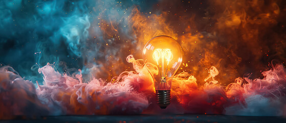 Depiction of sudden intellectual illumination: lightbulb amidst colorful paint explosion symbolizes moment of inspiration, convergence of creativity and idea generation in spectacular display - obrazy, fototapety, plakaty