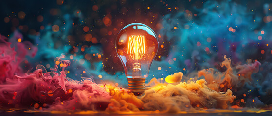Depiction of sudden intellectual illumination: lightbulb amidst colorful paint explosion symbolizes moment of inspiration, convergence of creativity and idea generation in spectacular display - obrazy, fototapety, plakaty