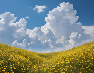 A sunlit meadow of vivid yellow wildflowers reaches towards a sky dotted with fluffy white clouds, reflecting an uplifting and peaceful scenery. Landscape. 