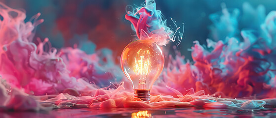 Depiction of sudden intellectual illumination: lightbulb amidst colorful paint explosion symbolizes moment of inspiration, convergence of creativity and idea generation in spectacular display - obrazy, fototapety, plakaty