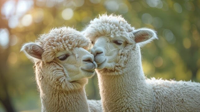 Two alpacas kiss in spring