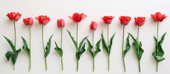 Tulips creatively arranged on a white background in a flat lay style.