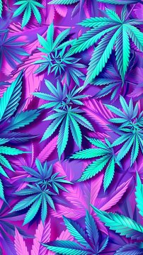 A colourful psychedelic background with vibrant cannabis, hemp leaves - concept for hallucinogenic 420 day celebration