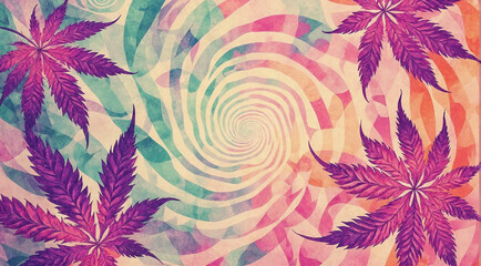 A colourful psychedelic background with vibrant cannabis, hemp leaves - concept for hallucinogenic 420 day celebration - obrazy, fototapety, plakaty