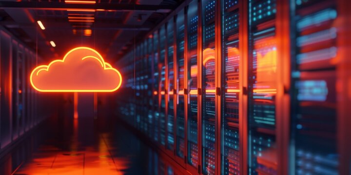 render of a cloud server room with a glowing orange cloud icon on a dark background The image depicts cloud storage, global networks, and data transfer Generative AI