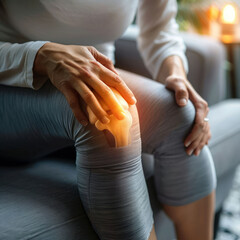Arthritis symptoms. Woman suffering from pain in her knee on sofa indoors, closeup - obrazy, fototapety, plakaty