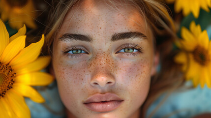 Close-up portrait of a green-eyed girl with freckles - obrazy, fototapety, plakaty