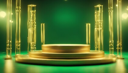 Empty podium golden on green background with light neon effects with bokeh decorations. Luxury scene