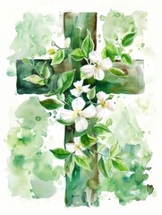A cross with white flowers is painted on a green background