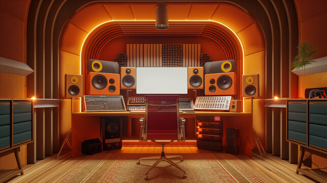 a studio room with a desk, speakers and a computer. ai generated image.