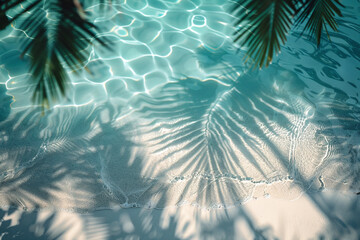 Fototapeta na wymiar Photo of palm leaves from above casting shadows on clean and clear sea water and sandy beach. Summer background