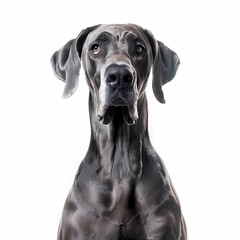A photo of a purebred great dane facing the camera, shot from chest and up, isolated on white background, even lighting - obrazy, fototapety, plakaty