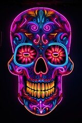 Colourful neon skull on a black background - 769953357