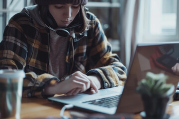 A young woman is sitting at a desk with a laptop and a cup of coffee