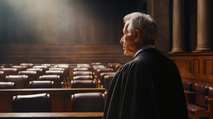A judge standing to address the courtroom, the traditional robes adding to the formality of the moment, with the soft natural light casting a spotlight on the figure of authority, with copy space - obrazy, fototapety, plakaty