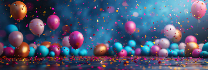 Vibrant Celebration with Balloons and Confetti Extravaganza - obrazy, fototapety, plakaty