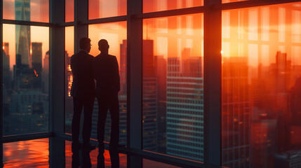 Fototapeta na wymiar n a high-rise building, a lawyer and client stand by a window overlooking the city, discussing the client's case with the skyline in the background