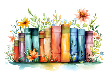 Watercolor illustration of a card with colorful books and flowers on a white background, perfect for celebrating International Literacy Day or for back to school events.