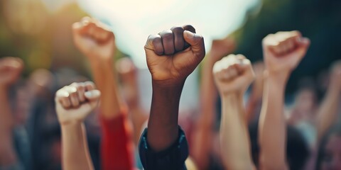 A diverse group of people with fists raised in protest at a rally for social change. Concept Protest, Social Change, Activism, Diversity, Unity