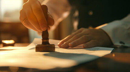 A close-up of a legal professional's hand stamping documents with the court's seal, each stamp a commitment to justice and order, the afternoon sun casting a warm - obrazy, fototapety, plakaty