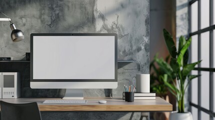 Blank computer screen mockup in office. Workplace concept.3D Rendering