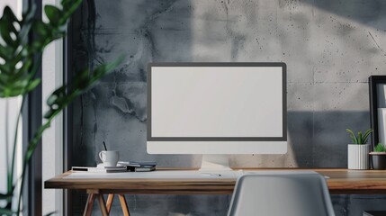 Blank computer screen mockup in office. Workplace concept.3D Rendering