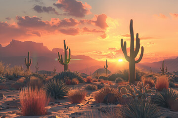 The sunset amongst the cactus in desert