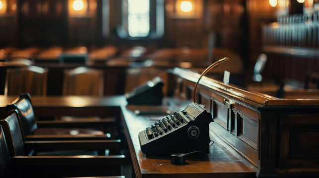 A stenographer preparing their shorthand machine in the quiet solitude of an empty courtroom, ready to capture every word of the day's testimonies