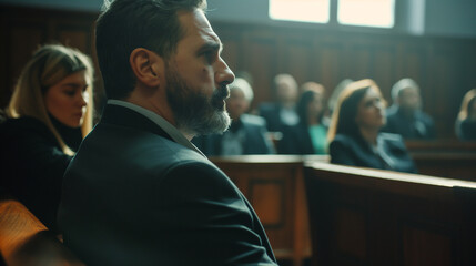 A juror asking a question during the trial, a rare but vital part of the process, the scene bathed in a soft light that emphasizes the importance of clarity - obrazy, fototapety, plakaty