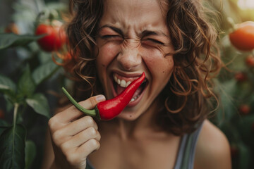 A woman is eating a red pepper and making a funny face