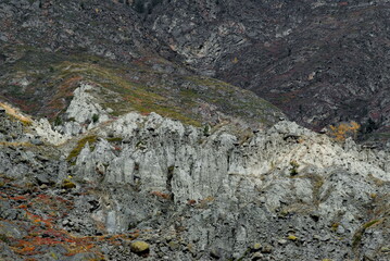 Russia. The South of Western Siberia, the Altai Mountains. View of the inaccessible Stone Mushrooms in the Katuyaryk gorge of the Altai Nature Reserve on the right bank of the Chulyshman River.