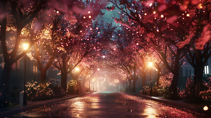 Path through cherry blossoms trees in the middle of the night.