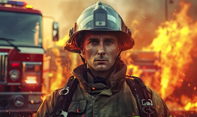 Fireman standing in front of a fire background. Firefighter portrait with industrial fire. banner