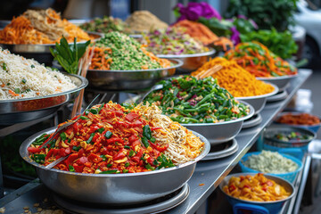 Obraz premium A table is covered with numerous bowls filled with various types of food, showcasing a diverse array of cuisines and flavors. The bowls are arranged in an organized manner, creating a colorful and app