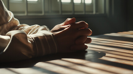 A close-up of a defendant's hands clenched in anticipation, the natural light from a nearby window casting soft shadows across the surface of the table - obrazy, fototapety, plakaty