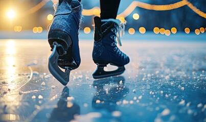 ice skating on winter rink. Speed skating shoes detail