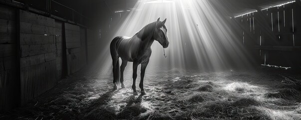 Black and white picture of horse stands in a stable against sunlight rays