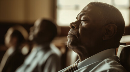 An image capturing the moment of disappointment on a client's face as they hear the court's decision, the soft, ambient light in the courtroom emphasizing the emotional weight of the moment - obrazy, fototapety, plakaty