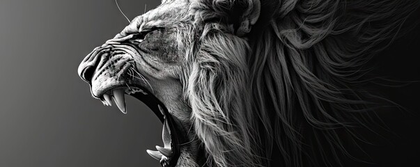 Aggressive lion head detail in black and white color. Detail of Lions head on wide bacground