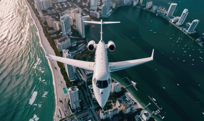 A luxury private jet flying, Miami vibe